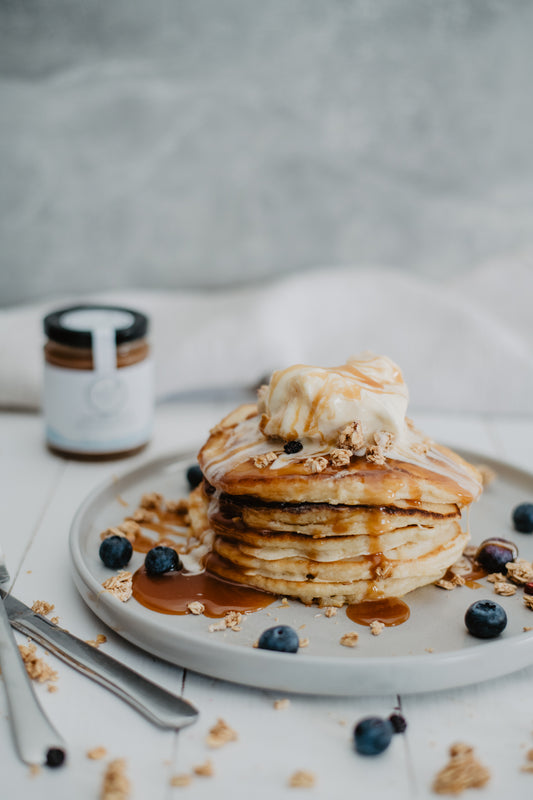 Fluffy American Style pancakes with salted caramel sauce