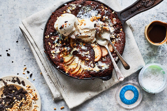 Salted chocolate, tahini, almond, hazelnut, pear cookie skillet