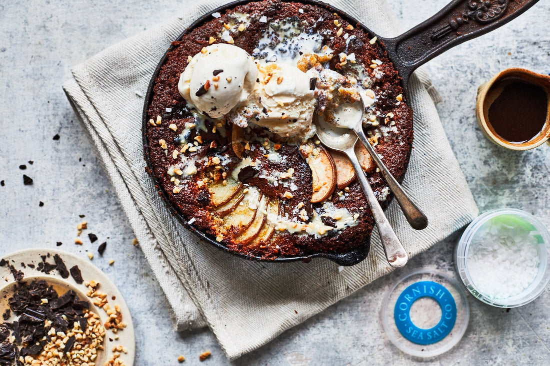 Salted Chocolate, Tahini, Almond, Hazelnut, Pear Cookie Skillet