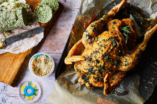 Roast chicken with  Cornish Sea Salt Fresh & Zesty Herb & Lemon butter