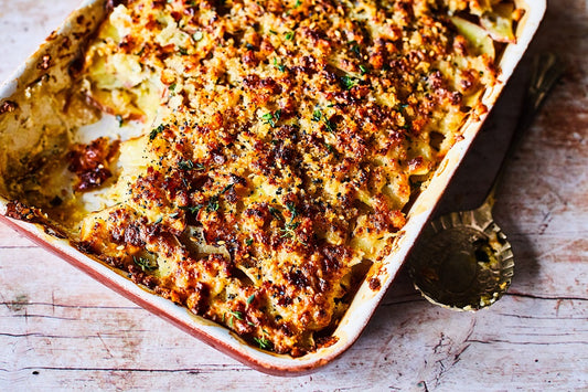 Celeriac, Leek and Potato Gratin with a crunchy Super Seed topping