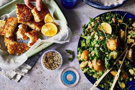 Seeded Fish Goujons with a Herb Butter Potato Salad